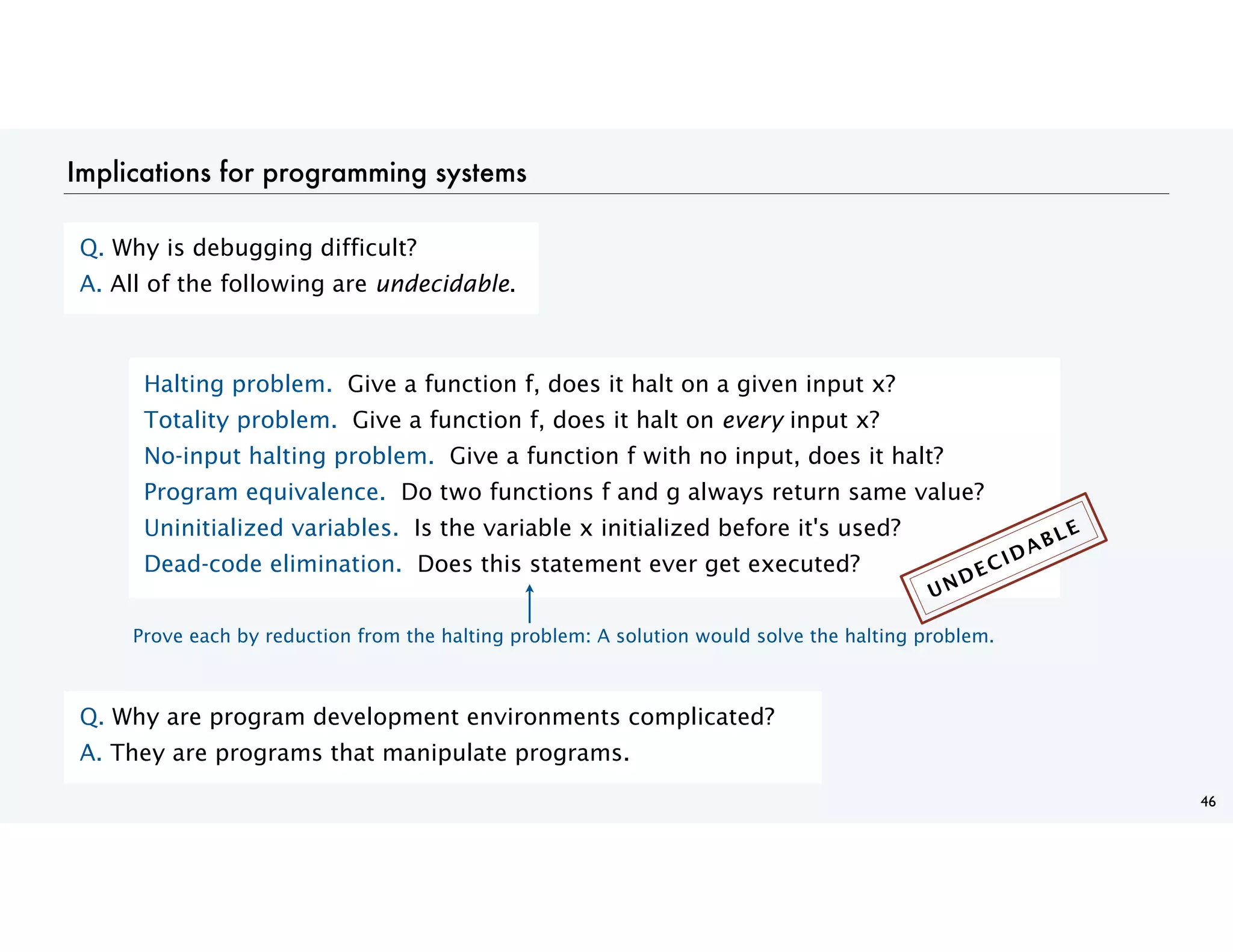 46
Implications for programming systems
Halting problem. Give a function f, does it halt on a given input x?
Totality problem. Give a function f, does it halt on every input x?
No-input halting problem. Give a function f with no input, does it halt?
Program equivalence. Do two functions f and g always return same value?
Uninitialized variables. Is the variable x initialized before it's used?
Dead-code elimination. Does this statement ever get executed?
Q. Why is debugging difficult?
A. All of the following are undecidable.
Q. Why are program development environments complicated?
A. They are programs that manipulate programs.
Prove each by reduction from the halting problem: A solution would solve the halting problem.
UNDECIDABLE
 