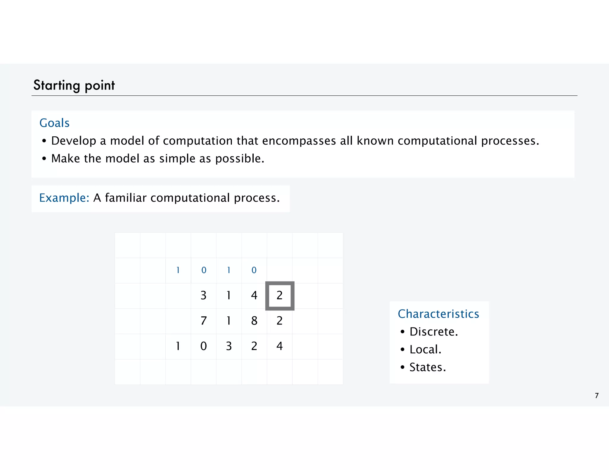 Starting point
7
Goals
• Develop a model of computation that encompasses all known computational processes.
• Make the model as simple as possible.
Characteristics
• Discrete.
• Local.
• States.
Example: A familiar computational process.
3 1 4 2
7 1 8 2
4
0
2
1
3
0
0
1
1
 