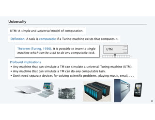 Universality
Definition. A task is computable if a Turing machine exists that computes it.
25
Theorem (Turing, 1936). It is possible to invent a single
machine which can be used to do any computable task.
Profound implications
• Any machine that can simulate a TM can simulate a universal Turing machine (UTM).
• Any machine that can simulate a TM can do any computable task.
• Don't need separate devices for solving scientific problems, playing music, email, . . .
UTM: A simple and universal model of computation.
YES
NO
. . . . . .
HALT
UTM
 