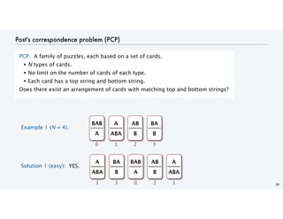 Post's correspondence problem (PCP)
PCP. A family of puzzles, each based on a set of cards.
• N types of cards.
• No limit on the number of cards of each type.
• Each card has a top string and bottom string.
Does there exist an arrangement of cards with matching top and bottom strings?
34
Example 1 (N = 4).
BAB
A
0
A
ABA
1
AB
B
2
BA
B
3
Solution 1 (easy): YES.
A
ABA
1
BA
B
3
BAB
A
0
AB
B
2
A
ABA
1
 