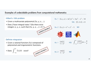 Examples of undecidable problems from computational mathematics
49
Hilbert's 10th problem
• Given a multivariate polynomial f (x, y, z, ...).
• Does f have integral roots ? (Do there exist
integers x, y, z, such that f (x, y, z, ...) = 0 ? )
Definite integration
• Given a rational function f (x ) composed of
polynomial and trigonometric functions.
• Does exist?
( , , ) = +
Ex. 1
( , , ) =
YES
( , ) = +
Ex. 2 NO
NO
( )
YES
cos( )
+
=
Ex. 1
cos( )
+
Ex. 2
cos( )
UNDECIDABLE
UNDECIDABLE
 