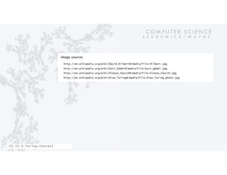C O M P U T E R S C I E N C E
S E D G E W I C K / W A Y N E
CS.15.A.Turing.Context
Image sources
http://en.wikipedia.org/wiki/David_Hilbert#/media/File:Hilbert.jpg
http://en.wikipedia.org/wiki/Kurt_Gödel#/media/File:Kurt_gödel.jpg
http://en.wikipedia.org/wiki/Alonzo_Church#/media/File:Alonzo_Church.jpg
http://en.wikipedia.org/wiki/Alan_Turing#/media/File:Alan_Turing_photo.jpg
 