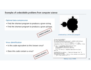 Examples of undecidable problems from computer science
50
Optimal data compression
• Find the shortest program to produce a given string.
• Find the shortest program to produce a given picture.
Virus identification
• Is this code equivalent to this known virus?
• Does this code contain a virus?
UNDECIDABLE
UNDECIDABLE
produced by a 34-line Java program
Private Sub AutoOpen()
On Error Resume Next
If System.PrivateProfileString("", CURRENT_USERSoftware
MicrosoftOffice9.0WordSecurity",
"Level") <> "" Then
CommandBars("Macro").Controls("Security...").Enabled = False
. . .
For oo = 1 To AddyBook.AddressEntries.Count
Peep = AddyBook.AddressEntries(x)
BreakUmOffASlice.Recipients.Add Peep
x = x + 1
If x > 50 Then oo = AddyBook.AddressEntries.Count
Next oo
. . .
BreakUmOffASlice.Subject = "Important Message From " &
Application.UserName
BreakUmOffASlice.Body = "Here is that document you asked for
... don't show anyone else ;-)"
. . .
Melissa virus (1999)
 