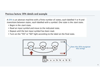 Previous lecture: DFA details and example
A DFA is an abstract machine with a finite number of states, each labelled Y or N and
transitions between states, each labelled with a symbol. One state is the start state.
• Begin in the start state.
• Read an input symbol and move to the indicated state.
• Repeat until the last input symbol has been read.
• Turn on the "YES" or "NO" light according to the label on the final state.
9
YES
b b a a b b a b b
YES
NO
YES
Y N N
b b
a a a
b
Does this DFA recognize
this string?
 