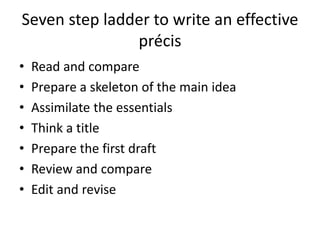 Seven step ladder to write an effective
précis
• Read and compare
• Prepare a skeleton of the main idea
• Assimilate the essentials
• Think a title
• Prepare the first draft
• Review and compare
• Edit and revise
 