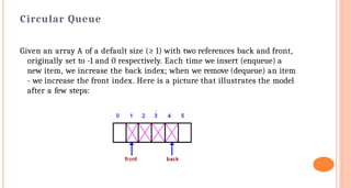 Circular Queue
Given an array A of a default size (≥ 1) with two references back and front,
originally set to -1 and 0 respectively. Each time we insert (enqueue) a
new item, we increase the back index; when we remove (dequeue) an item
- we increase the front index. Here is a picture that illustrates the model
after a few steps:
 