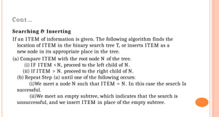 Cont…
Searching & Inserting
If an ITEM of information is given. The following algorithm finds the
location of ITEM in the binary search tree T, or inserts ITEM as a
new node in its appropriate place in the tree.
(a) Compare ITEM with the root node N of the tree.
(i) IF ITEM <N, proceed to the left child of N.
(ii) If ITEM > N. proceed to the right child of N.
(b) Repeat Step (a) until one of the following occurs:
(i)We meet a node N such that ITEM = N. In this case the search Is
successful.
(ii)We meet an empty subtree, which indicates that the search is
unsuccessful, and we insert ITEM in place of the empty subtree.
 