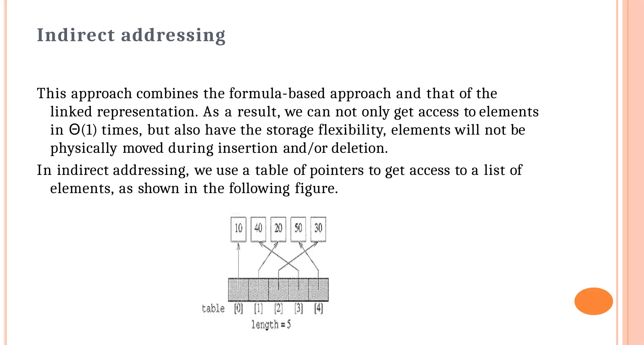 Indirect addressing
This approach combines the formula-based approach and that of the
linked representation. As a result, we can not only get access to elements
in &Theta;(1) times, but also have the storage flexibility, elements will not be
physically moved during insertion and/or deletion.
In indirect addressing, we use a table of pointers to get access to a list of
elements, as shown in the following figure.
 