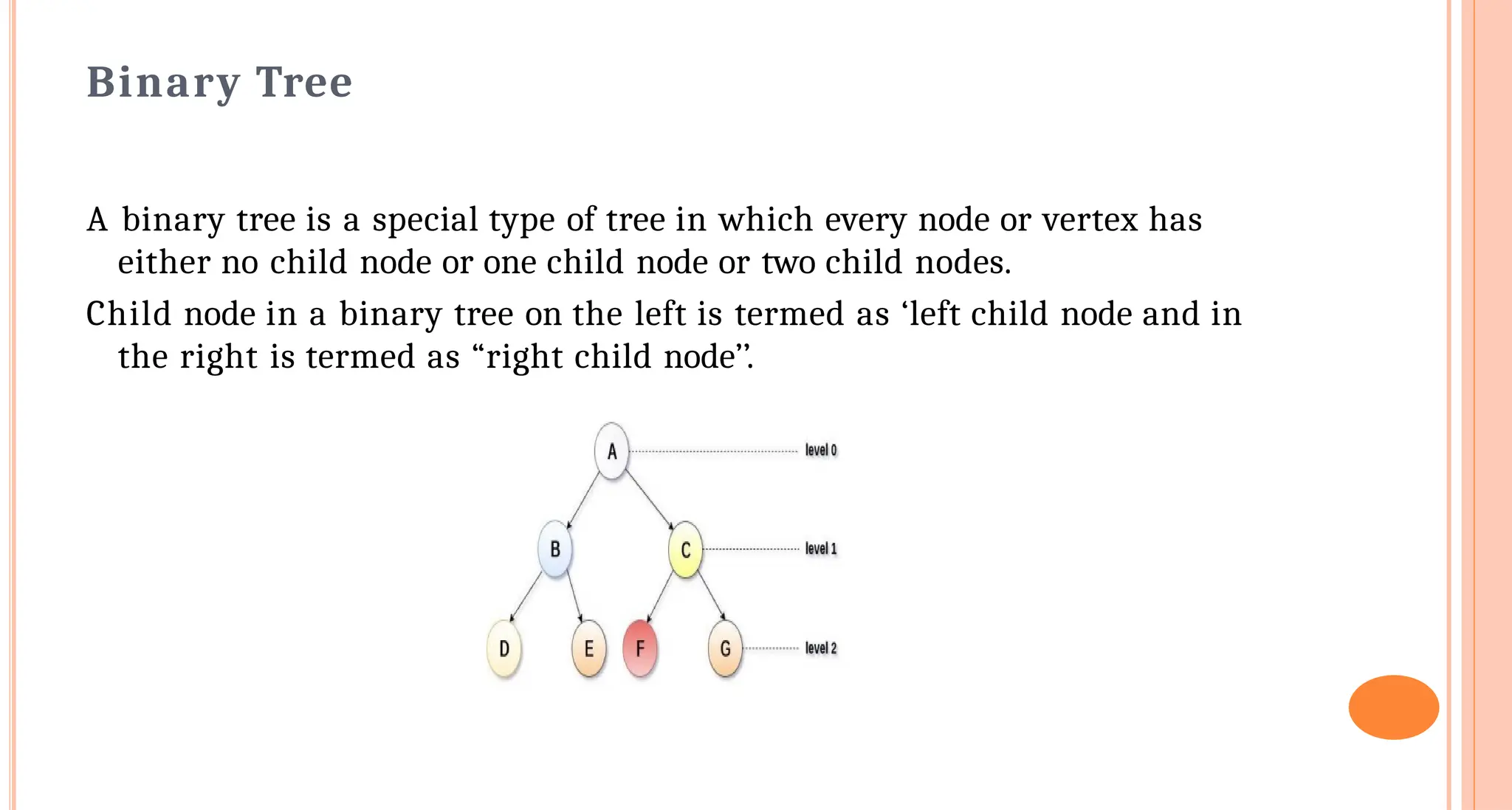 Binary Tree
A binary tree is a special type of tree in which every node or vertex has
either no child node or one child node or two child nodes.
Child node in a binary tree on the left is termed as &lsquo;left child node and in
the right is termed as &ldquo;right child node&rsquo;&rsquo;.
 