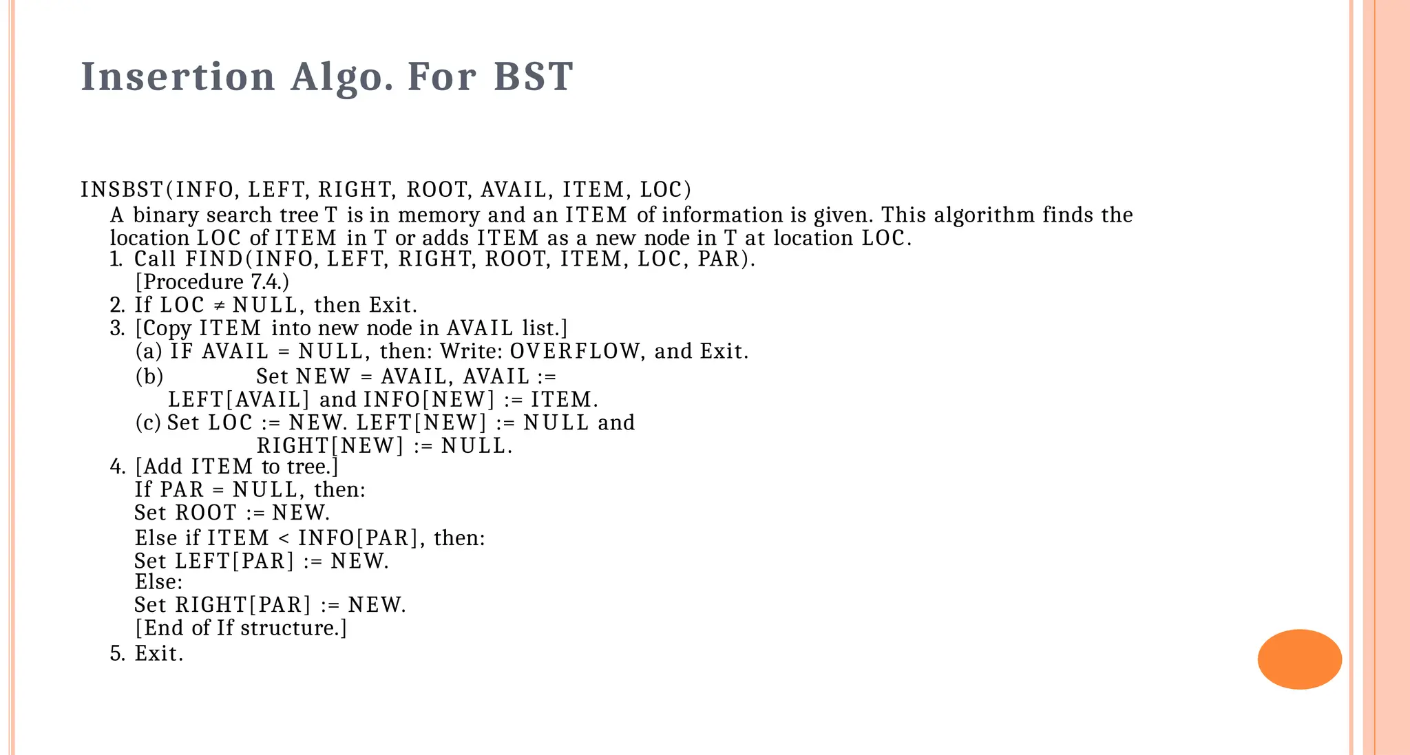 Insertion Algo. For BST
INSBST(INFO, LEFT, RIGHT, ROOT, AVAIL, ITEM, LOC)
A binary search tree T is in memory and an ITEM of information is given. This algorithm finds the
location LOC of ITEM in T or adds ITEM as a new node in T at location LOC.
1. Call FIND(INFO, LEFT, RIGHT, ROOT, ITEM, LOC, PAR).
[Procedure 7.4.)
2. If LOC &ne; NULL, then Exit.
3. [Copy ITEM into new node in AVAIL list.]
(a) IF AVAIL = NULL, then: Write: OVERFLOW, and Exit.
(b) Set NEW = AVAIL, AVAIL :=
LEFT[AVAIL] and INFO[NEW] := ITEM.
(c) Set LOC := NEW. LEFT[NEW] := NULL and
RIGHT[NEW] := NULL.
4. [Add ITEM to tree.]
If PAR = NULL, then:
Set ROOT := NEW.
Else if ITEM < INFO[PAR], then:
Set LEFT[PAR] := NEW.
Else:
Set RIGHT[PAR] := NEW.
[End of If structure.]
5. Exit.
 
