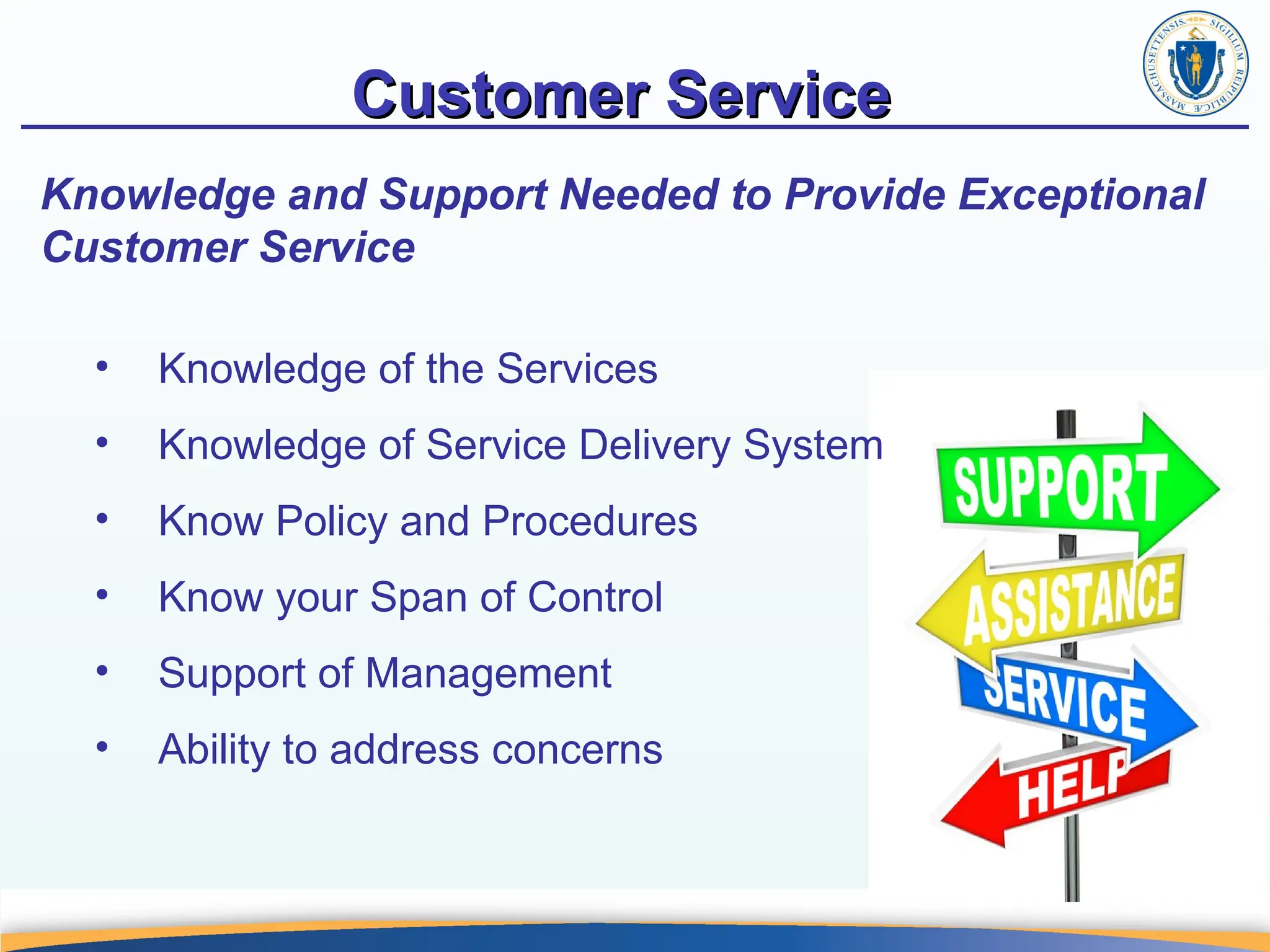 Customer Service
Customer Service
• Knowledge of the Services
• Knowledge of Service Delivery System
• Know Policy and Procedures
• Know your Span of Control
• Support of Management
• Ability to address concerns
Knowledge and Support Needed to Provide Exceptional
Customer Service
 