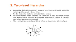 3. Two-level hierarchy
● Very quickly, Bell switching centers appeared everywhere and people wanted to
make long-distance calls between cities.
● The Bell System has started to connect switching centers.
● The initial problem quickly returned: the connection of each wire center to any
other wire-connected switching center quickly became out of control, so second-
level switching centers were invented.
● After a while, it took several second-level offices, as shown in the following figure.
 