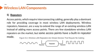 Wireless LAN Components
5) Repeaters
Access points, which require interconnecting cabling, generally play a dominant
role for providing coverage in most wireless LAN deployments. Wireless
repeaters, however, are a way to extend the range of an existing wireless LAN
instead of adding more access points. There are few standalone wireless LAN
repeaters on the market, but some access points have a built-in repeater
mode.
 