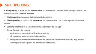 • Multiplexing to refer to the combination of information streams from multiple sources for
transmission over a shared medium.
• Multiplexer is a mechanism that implements the concept
• Demultiplexing to refer to the separation of a combination back into separate information
streams.
• Demultiplexer to refer to a mechanism that implements the concept.
• Figure illustrates the concept
• each sender communicates with a single receiver
• all pairs share a single transmission medium
• multiplexor combines information from the senders for transmission in such a way that the
demultiplexor can separate the information for receivers
MULTIPLEXING:
 