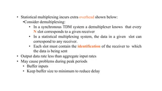 • Statistical multiplexing incurs extra overhead shown below:
•Consider demultiplexing:
• In a synchronous TDM system a demultiplexer knows that every
N slot corresponds to a given receiver
• In a statistical multiplexing system, the data in a given slot can
correspond to any receiver.
• Each slot must contain the identification of the receiver to which
the data is being sent
• Output data rate less than aggregate input rates
• May cause problems during peak periods
• Buffer inputs
• Keep buffer size to minimum to reduce delay
 