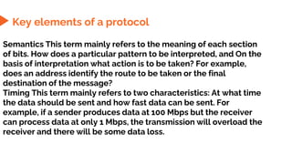 Key elements of a protocol
Semantics This term mainly refers to the meaning of each section
of bits. How does a particular pattern to be interpreted, and On the
basis of interpretation what action is to be taken? For example,
does an address identify the route to be taken or the final
destination of the message?
Timing This term mainly refers to two characteristics: At what time
the data should be sent and how fast data can be sent. For
example, if a sender produces data at 100 Mbps but the receiver
can process data at only 1 Mbps, the transmission will overload the
receiver and there will be some data loss.
 