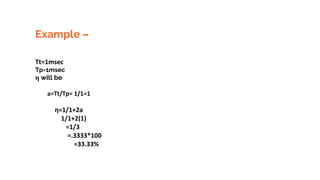 Example –
Tt=1msec
Tp=1msec
η will be
a=Tt/Tp= 1/1=1
η=1/1+2a
1/1+2(1)
=1/3
=.3333*100
=33.33%
 