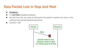 Data Packet Lost in Stop And Wait
● Problems :
● 1. Lost Data: Deadlock condition
● Get Rid from this we need to Retransmit the packet If packet not come in the
sufficient time period called timeout timer.
● S and W + TOT
 