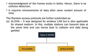 • Acknowledgment of the frames exists in Aloha. Hence, there is no
collision detection.
• It requires retransmission of data after some random amount of
time.
The Random access protocols are further subdivided as:
(a) ALOHA – It was designed for wireless LAN but is also applicable
for shared medium. In this, multiple stations can transmit data at
the same time and can hence lead to collision and data being
garbled
 