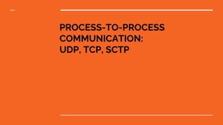PROCESS-TO-PROCESS
COMMUNICATION:
UDP, TCP, SCTP
 