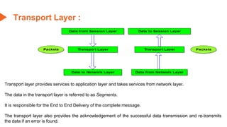 Transport Layer :
Transport layer provides services to application layer and takes services from network layer.
The data in the transport layer is referred to as Segments.
It is responsible for the End to End Delivery of the complete message.
The transport layer also provides the acknowledgement of the successful data transmission and re-transmits
the data if an error is found.
 