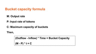 Bucket capacity formula
M: Output rate
P: Input rate of tokens
C: Maximum capacity of buckets
Then,
(Outflow - Inflow) * Time = Bucket Capacity
(M - P) * t = C
 