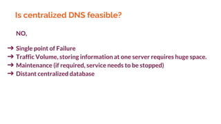 Is centralized DNS feasible?
NO,
➔ Single point of Failure
➔ Traffic Volume, storing information at one server requires huge space.
➔ Maintenance (if required, service needs to be stopped)
➔ Distant centralized database
 