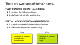 There are two types of domain name.
FULLY QUALIFIED DOMAIN NAME(FQDN):
❖ It contains the full name of host.
❖ A label is terminated by a null string.
PARTIALLY QUALIFIED DOMAIN NAME(PQDN):
❖ It starts from a node but doesn’t reaches root.
❖ A label is not terminated by null string.
 