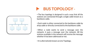 Bus Topology
• The bus topology is designed in such a way that all the
stations are connected through a single cable known as a
backbone cable.
• Each node is either connected to the backbone cable by
drop cable or directly connected to the backbone cable.
• When a node wants to send a message over the
network, it puts a message over the network. All the
stations available in the network will receive the message
whether it has been addressed or not.
• It is alternatively known as Line Topology.
BUS TOPOLOGY -
 