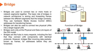 Bridge
• Bridges are used to connect two or more hosts or
network segments together. The basic role of bridges in
network architecture is storing and forwarding frames
between the different segments that the bridge connects.
They use hardware Media Access Control (MAC)
addresses for transferring frames.
• Bridges can also be used to connect two physical LANs
into a larger logical LAN.
• Bridges work only at the Physical and Data Link layers of
the OSI model.
• Bridges are like hubs in many respects, including the fact
that they connect LAN components with identical
protocols. However, bridges filter incoming data packets,
known as frames, for addresses before they are
forwarded.
 