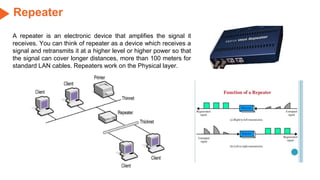 Repeater
A repeater is an electronic device that amplifies the signal it
receives. You can think of repeater as a device which receives a
signal and retransmits it at a higher level or higher power so that
the signal can cover longer distances, more than 100 meters for
standard LAN cables. Repeaters work on the Physical layer.
 