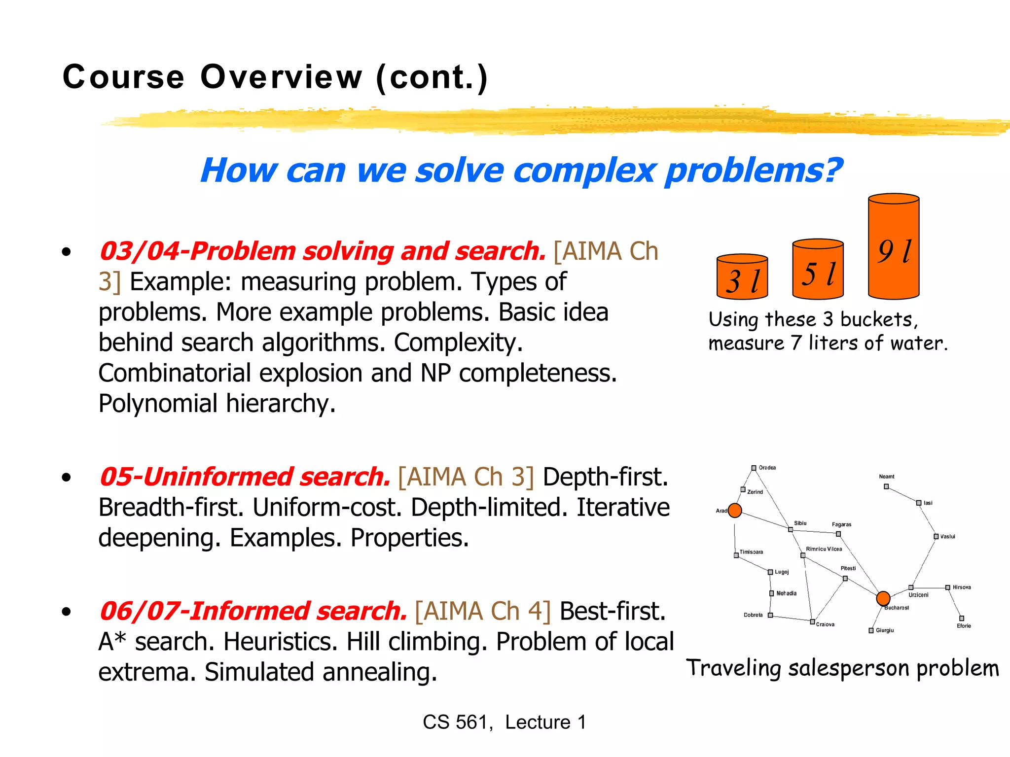 Course Overview (cont.) 03/04-Problem solving and search.  [AIMA Ch 3]  Example: measuring problem. Types of problems. More example problems. Basic idea behind search algorithms. Complexity. Combinatorial explosion and NP completeness. Polynomial hierarchy.   05-Uninformed search.  [AIMA Ch 3]   Depth-first. Breadth-first. Uniform-cost. Depth-limited. Iterative deepening. Examples. Properties.  06/07-Informed search.  [AIMA Ch 4]   Best-first. A* search. Heuristics. Hill climbing. Problem of local extrema. Simulated annealing.  How can we solve complex problems? 3 l 5 l 9 l Using these 3 buckets, measure 7 liters of water. Traveling salesperson problem 