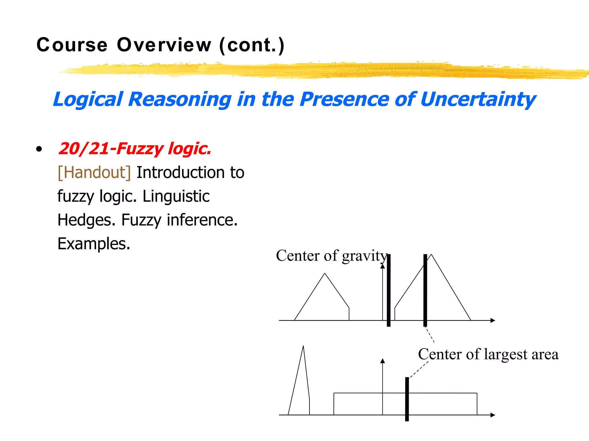 Course Overview (cont.) Logical Reasoning in the Presence of Uncertainty 20/21-Fuzzy logic.   [Handout]  Introduction to fuzzy logic. Linguistic Hedges. Fuzzy inference. Examples.  Center of largest area Center of gravity 