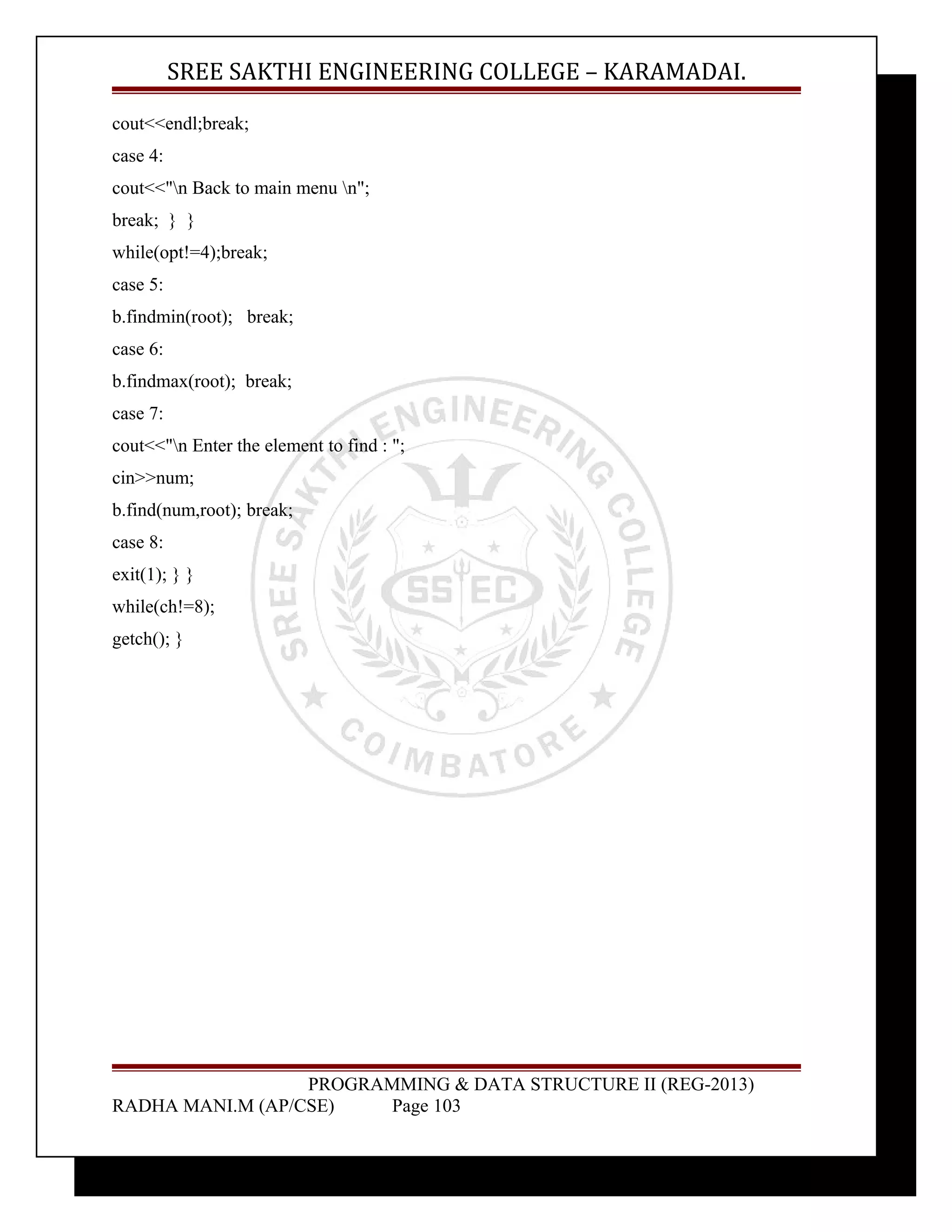 SREE SAKTHI ENGINEERING COLLEGE – KARAMADAI. 
cout<<endl;break; 
case 4: 
cout<<"n Back to main menu n"; 
break; } } 
while(opt!=4);break; 
case 5: 
b.findmin(root); break; 
case 6: 
b.findmax(root); break; 
case 7: 
cout<<"n Enter the element to find : "; 
cin>>num; 
b.find(num,root); break; 
case 8: 
exit(1); } } 
while(ch!=8); 
getch(); } 
PROGRAMMING & DATA STRUCTURE II (REG-2013) 
RADHA MANI.M (AP/CSE) Page 103 
 