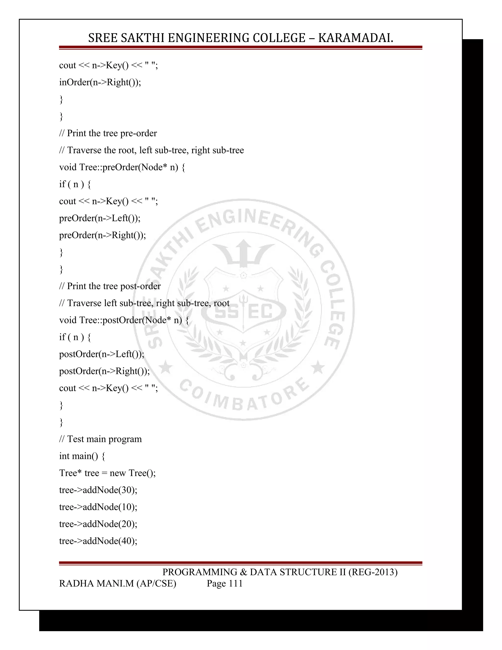 SREE SAKTHI ENGINEERING COLLEGE – KARAMADAI. 
cout << n->Key() << " "; 
inOrder(n->Right()); 
} 
} 
// Print the tree pre-order 
// Traverse the root, left sub-tree, right sub-tree 
void Tree::preOrder(Node* n) { 
if ( n ) { 
cout << n->Key() << " "; 
preOrder(n->Left()); 
preOrder(n->Right()); 
} 
} 
// Print the tree post-order 
// Traverse left sub-tree, right sub-tree, root 
void Tree::postOrder(Node* n) { 
if ( n ) { 
postOrder(n->Left()); 
postOrder(n->Right()); 
cout << n->Key() << " "; 
} 
} 
// Test main program 
int main() { 
Tree* tree = new Tree(); 
tree->addNode(30); 
tree->addNode(10); 
tree->addNode(20); 
tree->addNode(40); 
PROGRAMMING & DATA STRUCTURE II (REG-2013) 
RADHA MANI.M (AP/CSE) Page 111 
 