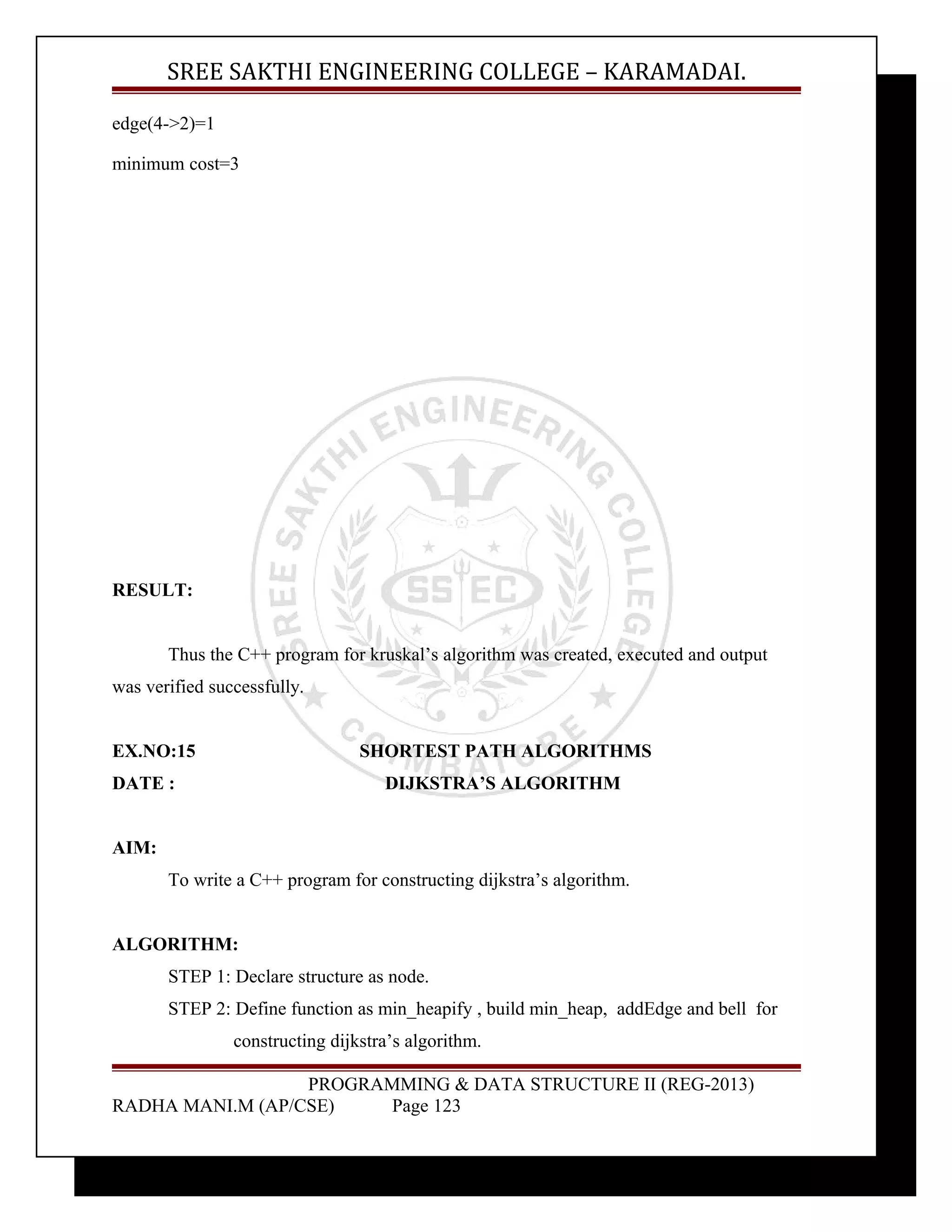 SREE SAKTHI ENGINEERING COLLEGE – KARAMADAI. 
edge(4->2)=1 
minimum cost=3 
RESULT: 
Thus the C++ program for kruskal’s algorithm was created, executed and output 
was verified successfully. 
EX.NO:15 SHORTEST PATH ALGORITHMS 
DATE : DIJKSTRA’S ALGORITHM 
AIM: 
To write a C++ program for constructing dijkstra’s algorithm. 
ALGORITHM: 
STEP 1: Declare structure as node. 
STEP 2: Define function as min_heapify , build min_heap, addEdge and bell for 
constructing dijkstra’s algorithm. 
PROGRAMMING & DATA STRUCTURE II (REG-2013) 
RADHA MANI.M (AP/CSE) Page 123 
 