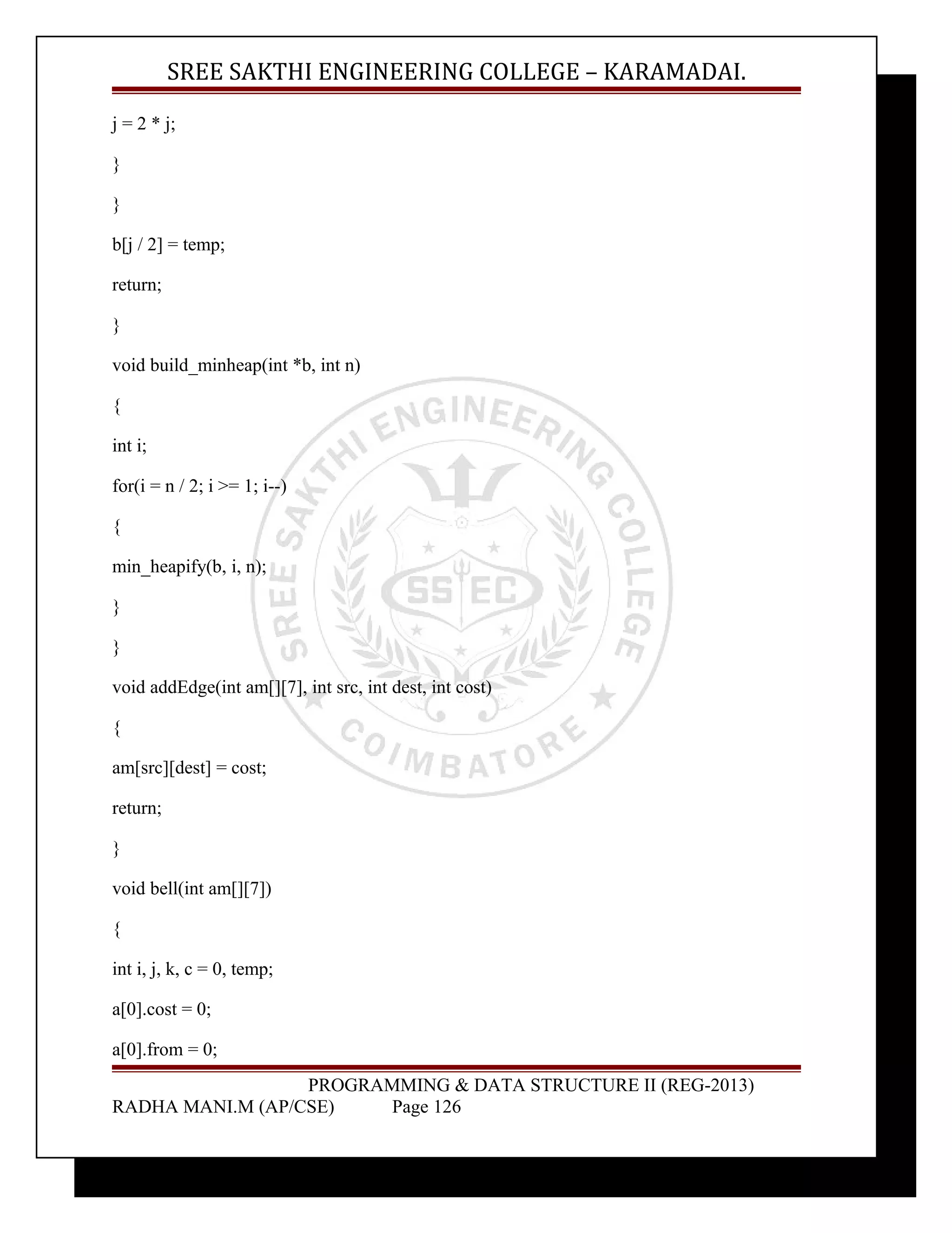 SREE SAKTHI ENGINEERING COLLEGE – KARAMADAI. 
j = 2 * j; 
} 
} 
b[j / 2] = temp; 
return; 
} 
void build_minheap(int *b, int n) 
{ 
int i; 
for(i = n / 2; i >= 1; i--) 
{ 
min_heapify(b, i, n); 
} 
} 
void addEdge(int am[][7], int src, int dest, int cost) 
{ 
am[src][dest] = cost; 
return; 
} 
void bell(int am[][7]) 
{ 
int i, j, k, c = 0, temp; 
a[0].cost = 0; 
a[0].from = 0; 
PROGRAMMING & DATA STRUCTURE II (REG-2013) 
RADHA MANI.M (AP/CSE) Page 126 
 