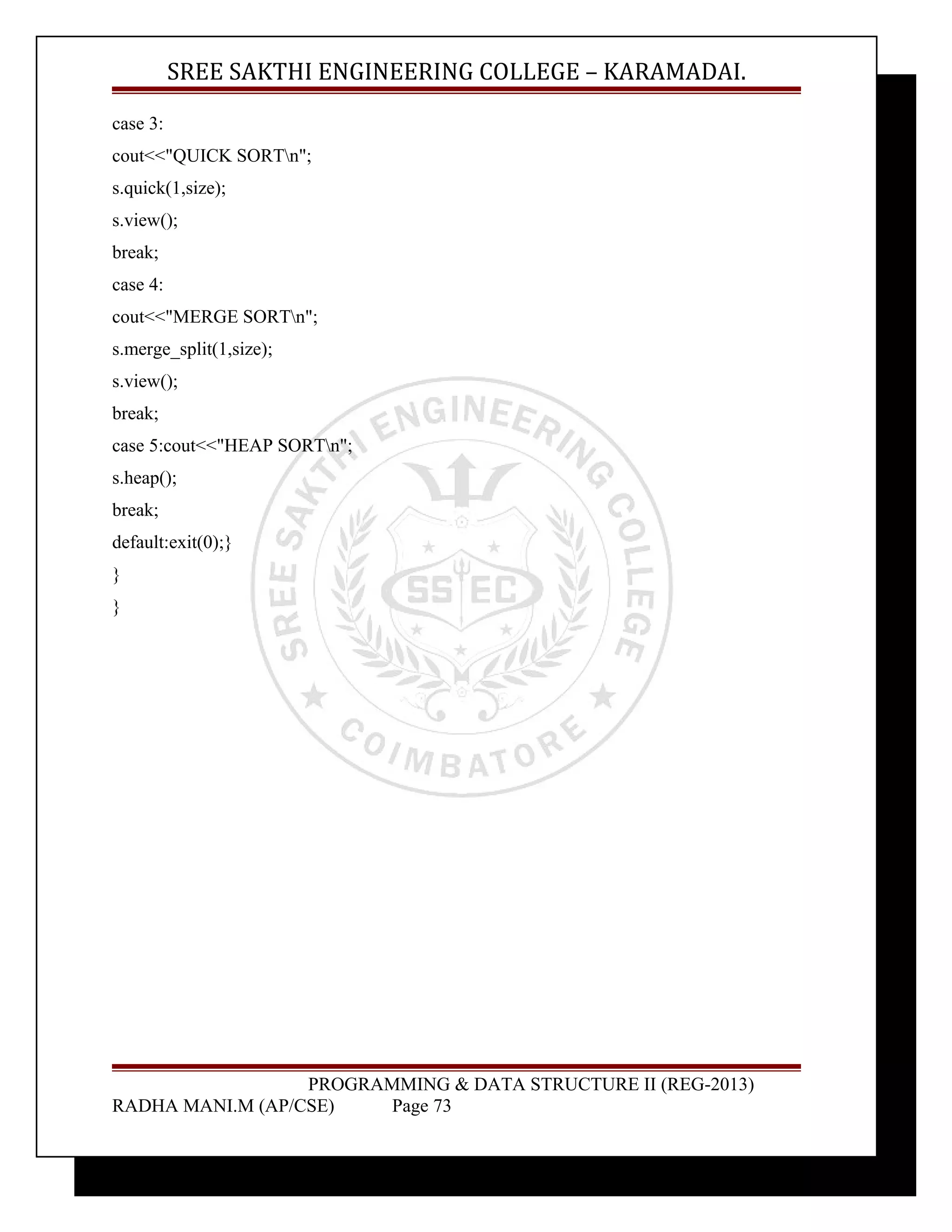 SREE SAKTHI ENGINEERING COLLEGE – KARAMADAI. 
case 3: 
cout<<"QUICK SORTn"; 
s.quick(1,size); 
s.view(); 
break; 
case 4: 
cout<<"MERGE SORTn"; 
s.merge_split(1,size); 
s.view(); 
break; 
case 5:cout<<"HEAP SORTn"; 
s.heap(); 
break; 
default:exit(0);} 
} 
} 
PROGRAMMING & DATA STRUCTURE II (REG-2013) 
RADHA MANI.M (AP/CSE) Page 73 
 