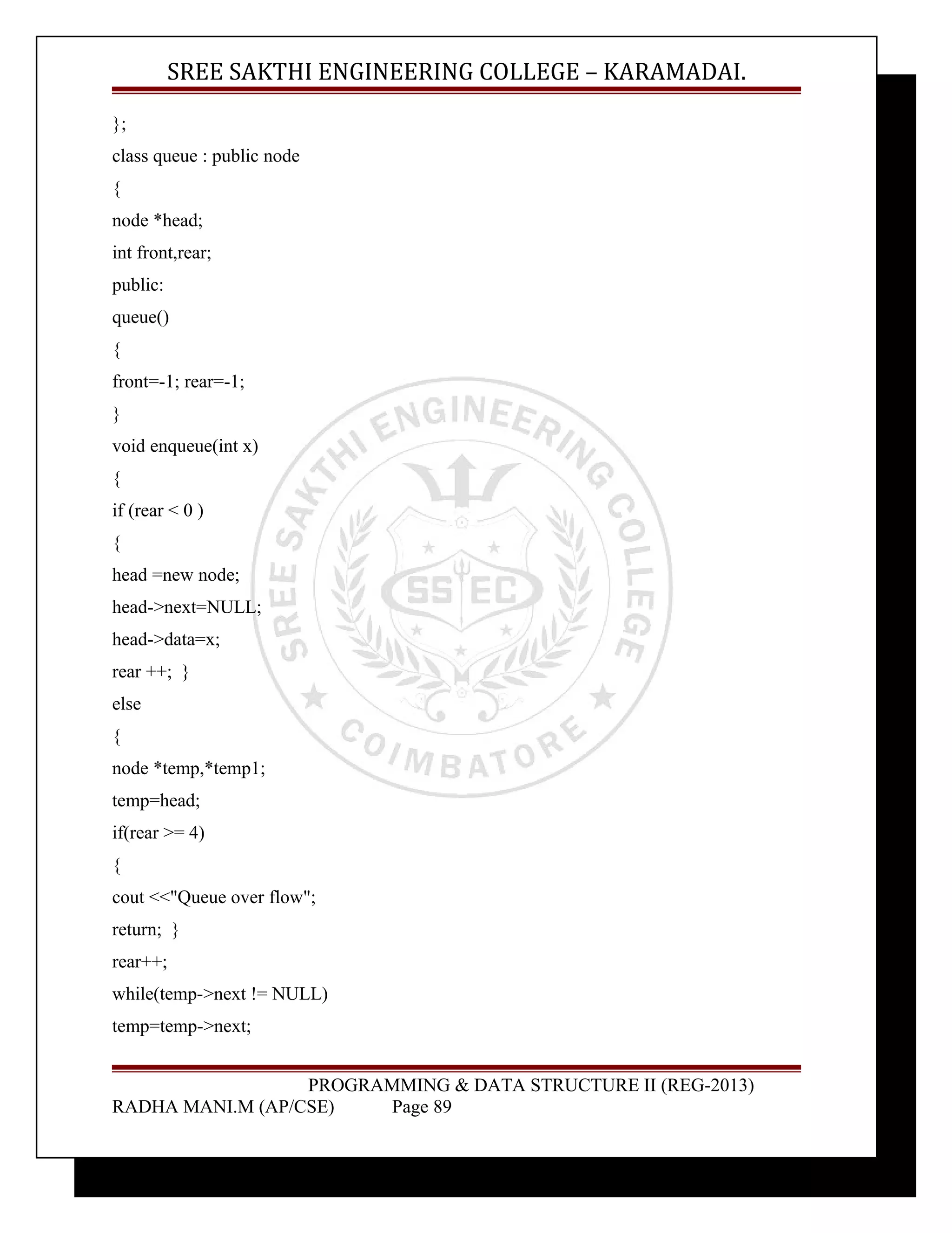 SREE SAKTHI ENGINEERING COLLEGE – KARAMADAI. 
}; 
class queue : public node 
{ 
node *head; 
int front,rear; 
public: 
queue() 
{ 
front=-1; rear=-1; 
} 
void enqueue(int x) 
{ 
if (rear < 0 ) 
{ 
head =new node; 
head->next=NULL; 
head->data=x; 
rear ++; } 
else 
{ 
node *temp,*temp1; 
temp=head; 
if(rear >= 4) 
{ 
cout <<"Queue over flow"; 
return; } 
rear++; 
while(temp->next != NULL) 
temp=temp->next; 
PROGRAMMING & DATA STRUCTURE II (REG-2013) 
RADHA MANI.M (AP/CSE) Page 89 
 