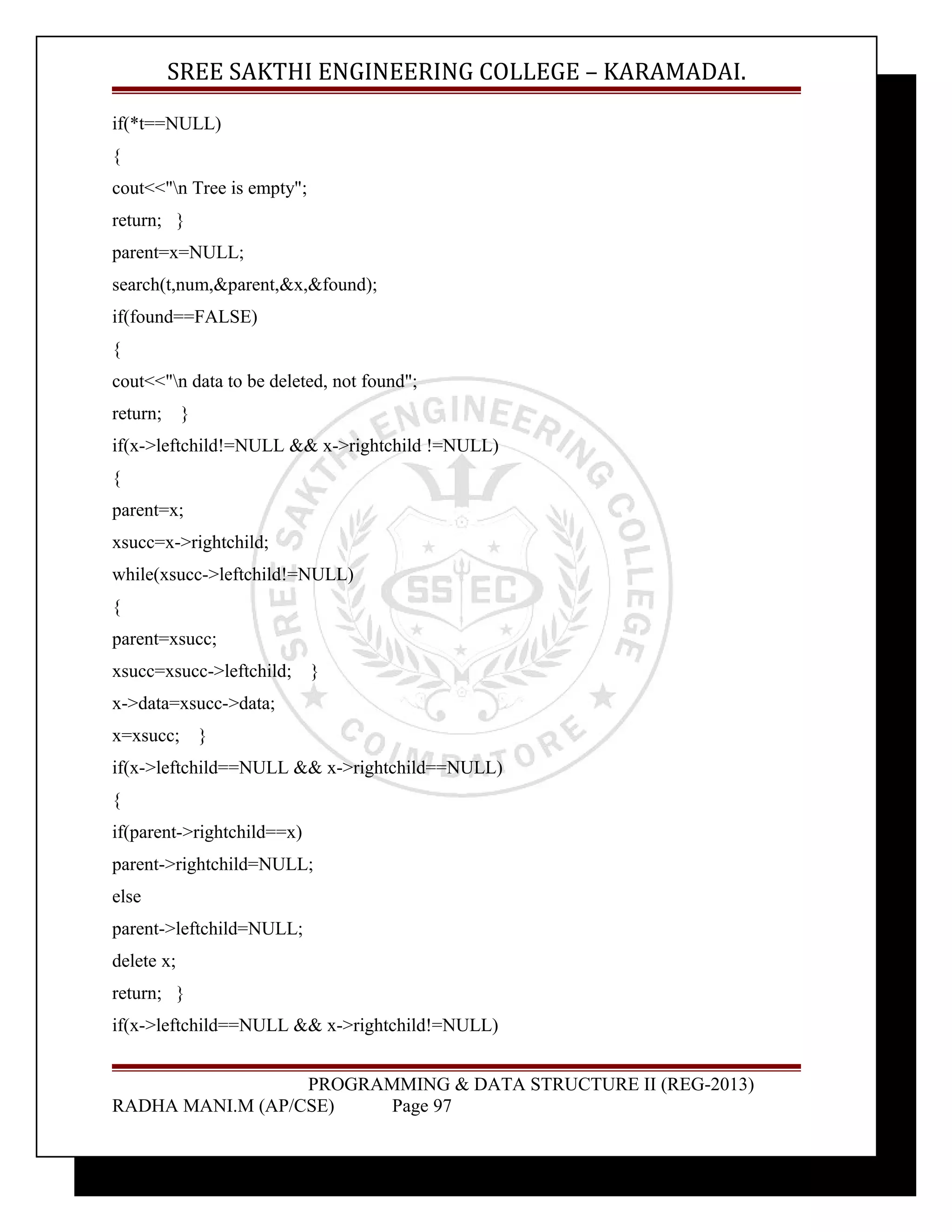 SREE SAKTHI ENGINEERING COLLEGE – KARAMADAI. 
if(*t==NULL) 
{ 
cout<<"n Tree is empty"; 
return; } 
parent=x=NULL; 
search(t,num,&parent,&x,&found); 
if(found==FALSE) 
{ 
cout<<"n data to be deleted, not found"; 
return; } 
if(x->leftchild!=NULL && x->rightchild !=NULL) 
{ 
parent=x; 
xsucc=x->rightchild; 
while(xsucc->leftchild!=NULL) 
{ 
parent=xsucc; 
xsucc=xsucc->leftchild; } 
x->data=xsucc->data; 
x=xsucc; } 
if(x->leftchild==NULL && x->rightchild==NULL) 
{ 
if(parent->rightchild==x) 
parent->rightchild=NULL; 
else 
parent->leftchild=NULL; 
delete x; 
return; } 
if(x->leftchild==NULL && x->rightchild!=NULL) 
PROGRAMMING & DATA STRUCTURE II (REG-2013) 
RADHA MANI.M (AP/CSE) Page 97 
 