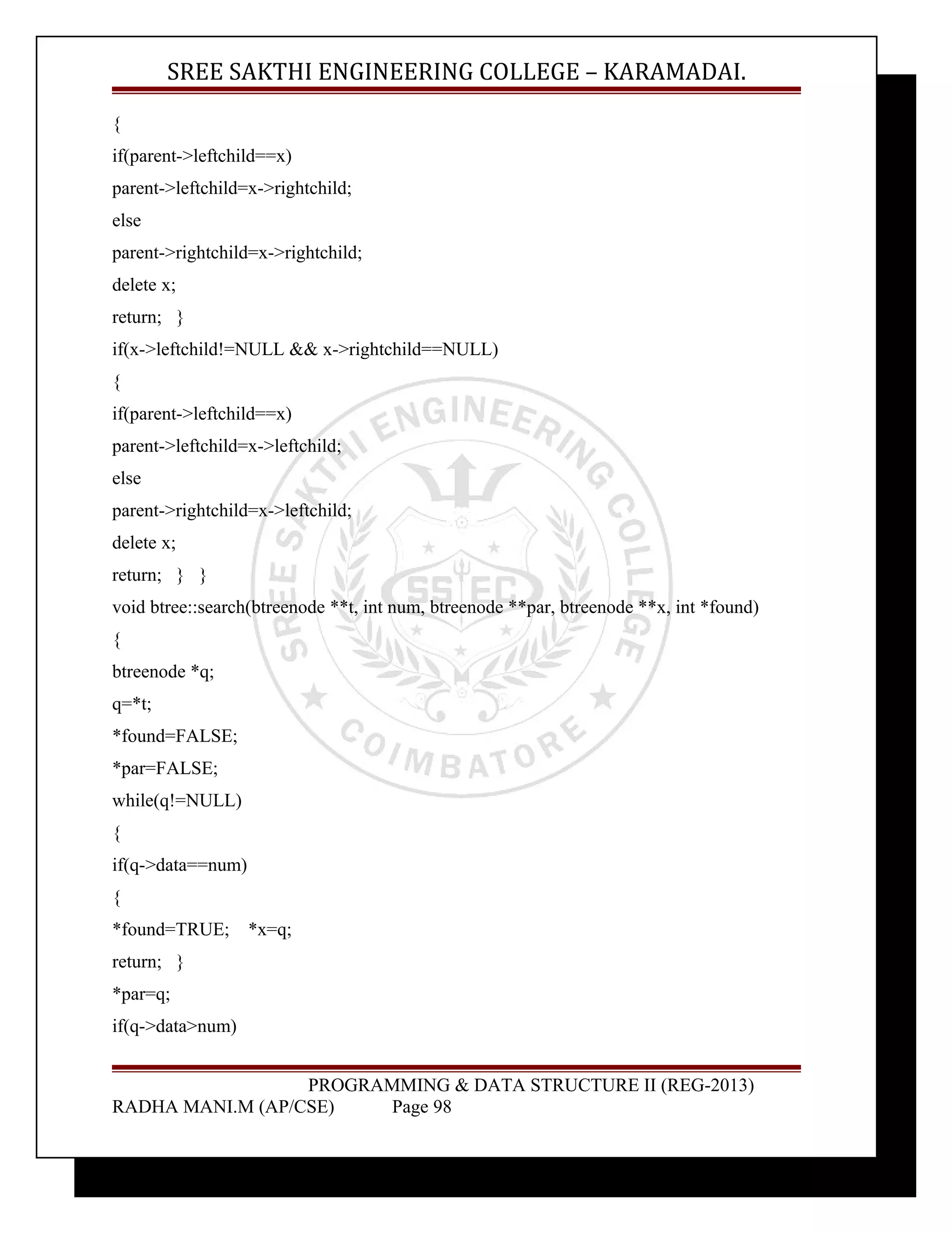 SREE SAKTHI ENGINEERING COLLEGE – KARAMADAI. 
{ 
if(parent->leftchild==x) 
parent->leftchild=x->rightchild; 
else 
parent->rightchild=x->rightchild; 
delete x; 
return; } 
if(x->leftchild!=NULL && x->rightchild==NULL) 
{ 
if(parent->leftchild==x) 
parent->leftchild=x->leftchild; 
else 
parent->rightchild=x->leftchild; 
delete x; 
return; } } 
void btree::search(btreenode **t, int num, btreenode **par, btreenode **x, int *found) 
{ 
btreenode *q; 
q=*t; 
*found=FALSE; 
*par=FALSE; 
while(q!=NULL) 
{ 
if(q->data==num) 
{ 
*found=TRUE; *x=q; 
return; } 
*par=q; 
if(q->data>num) 
PROGRAMMING & DATA STRUCTURE II (REG-2013) 
RADHA MANI.M (AP/CSE) Page 98 
 