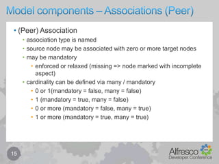 Model components – Constraints14Built-in constraint types:LIST		(“ListOfValuesConstraint)LENGTH	(“StringLengthConstraint”)MINMAX	(“NumericRangeConstraint”)REGEXP	(“RegexConstraint”)Other examples, eg. RM caveats use:“RMListOfValuesConstraint” (extends “ListOfValuesConstraint”)You can hook in your own constraint implementationsimplement “Constraint” interfacetypically extend “AbstractConstraint”must have default constructor (as it’s used to instantiate it)in model, define constraint with “type” attribute set to fully-qualified class namemake sure you unit test your constraint (it is performance sensitive)Constraints executeas part of integrity checks prior to commit (ie. at the end of a server transaction)