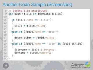 Behaviour components – disable / (re-)enable37Behaviours can be temporarily disabledBehaviourFilterinterfacefor current transaction onlyfor “class” (type or aspect) or “node + class”disableBehaviourenableBehaviourisEnabledfor “node”enableBehavioursfor “all”disableAllBehavioursenableAllBehavioursisActivatedBehaviour interfacefor current thread onlydisable / enable, eg. in try / finally blockExamples – importer, transfer – disable behaviours