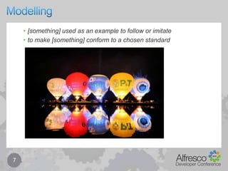 Modelling7[something] used as an example to follow or imitateto make [something] conform to a chosen standard