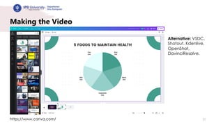 31
Making the Video
https://www.canva.com/
Alternative: VSDC,
Shotout, Kdenlive,
OpenShot,
DavinciResolve.
 