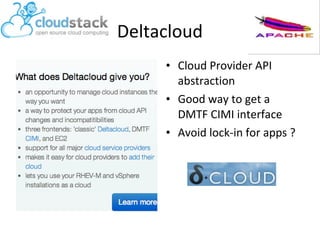 Deltacloud
• Cloud Provider API
abstraction
• Good way to get a
DMTF CIMI interface
• Avoid lock-in for apps ?

 