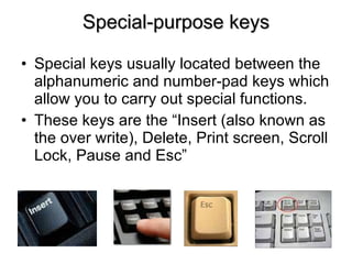 Special-purpose keys Special keys usually located between the alphanumeric and number-pad keys which allow you to carry out special functions. These keys are the “Insert (also known as the over write), Delete, Print screen, Scroll Lock, Pause and Esc” 