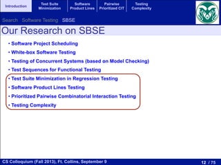 12 / 75CS Colloquium (Fall 2013), Ft. Collins, September 9
Introduction
Test Suite
Minimization
Software
Product Lines
Pairwise
Prioritized CIT
Testing
Complexity
Our Research on SBSE
Search Software Testing SBSE
• Software Project Scheduling
• White-box Software Testing
• Testing of Concurrent Systems (based on Model Checking)
• Test Sequences for Functional Testing
• Test Suite Minimization in Regression Testing
• Software Product Lines Testing
• Prioritized Pairwise Combinatorial Interaction Testing
• Testing Complexity
 