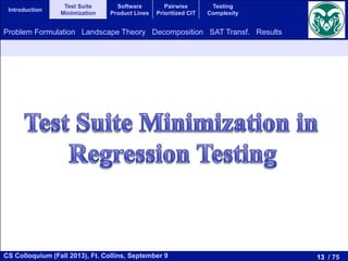 13 / 75CS Colloquium (Fall 2013), Ft. Collins, September 9
Introduction
Test Suite
Minimization
Software
Product Lines
Pairwise
Prioritized CIT
Testing
Complexity
Problem Formulation Landscape Theory Decomposition SAT Transf. Results
 