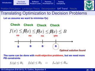 29 / 75CS Colloquium (Fall 2013), Ft. Collins, September 9
Introduction
Test Suite
Minimization
Software
Product Lines
Pairwise
Prioritized CIT
Testing
Complexity
Translating Optimization to Decision Problems
Let us assume we want to minimize f(x)
B
f(x)  B
Check
B B B
f(x)  B
Check
f(x)  B
Check
f(x)  B
Check
no no no yes
Optimal solution found
The same can be done with multi-objective problems, but we need more
PB constraints
s of generality that we want to ﬁnd a solution x⇤
2 X
, f(x⇤
)  f(x) for all the solutions x 2 X. This opti-
transformed in a series of decision problems in which
lution y 2 X for which the constraint f(y)  B holds,
nt integer values. This series of decision problems can
l (minimal) solution of the optimization problem. The
ows. We start with a value of B low enough for the
be. We solve the decision problem to check that it is
ter a loop in which the value of B is increased and the
n. The loop is repeated until the result is satisﬁable.
e value of B is the minimal value of f in the search
the decision problem is an optimal solution of the
blem has several objective functions f1, f2, . . . , fm to
nstraint for each objective function:
f1(y)  B1
f2(y)  B2
.
ose without loss of generality that we want to ﬁnd a solution x⇤
2 X
izes3
f, that is, f(x⇤
)  f(x) for all the solutions x 2 X. This opti-
oblem can be transformed in a series of decision problems in which
ve is to ﬁnd a solution y 2 X for which the constraint f(y)  B holds,
Z takes di↵erent integer values. This series of decision problems can
ﬁnd the optimal (minimal) solution of the optimization problem. The
ould be as follows. We start with a value of B low enough for the
o be unsatisﬁabe. We solve the decision problem to check that it is
e. Then, we enter a loop in which the value of B is increased and the
s checked again. The loop is repeated until the result is satisﬁable.
oop ﬁnishes, the value of B is the minimal value of f in the search
the solution to the decision problem is an optimal solution of the
n problem.
ptimization problem has several objective functions f1, f2, . . . , fm to
we need one constraint for each objective function:
f1(y)  B1
f2(y)  B2
...
that minimizes3
f, that is, f(x⇤
)  f(x) for all the solutions x 2 X
mization problem can be transformed in a series of decision problem
the objective is to ﬁnd a solution y 2 X for which the constraint f(y)
where B 2 Z takes di↵erent integer values. This series of decision pr
be used to ﬁnd the optimal (minimal) solution of the optimization pr
procedure could be as follows. We start with a value of B low eno
constraint to be unsatisﬁabe. We solve the decision problem to chec
unsatisﬁable. Then, we enter a loop in which the value of B is increa
constraint is checked again. The loop is repeated until the result is
Once the loop ﬁnishes, the value of B is the minimal value of f in
space and the solution to the decision problem is an optimal solu
optimization problem.
If the optimization problem has several objective functions f1, f2
minimize, we need one constraint for each objective function:
f1(y)  B1
f2(y)  B2
...
fm(y)  Bm
In order to use SAT solvers to solve optimization problems, w
…
Problem Formulation Landscape Theory Decomposition SAT Transf. Results
 